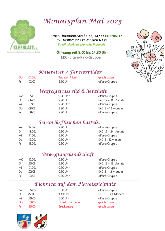 Monatsplan Premnitz Mai 2025