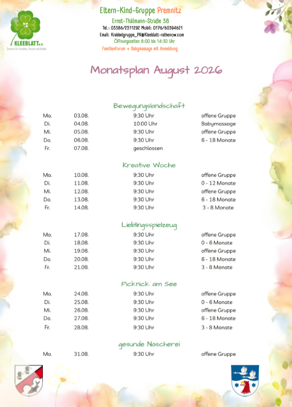 Monatsplan Premnitz August 2026